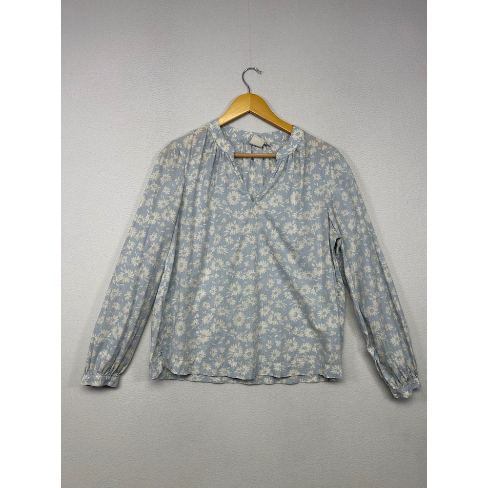Cottagecore Boho GAP Womens Medium Blue Floral Daisy V-Neck Cotton Blouse